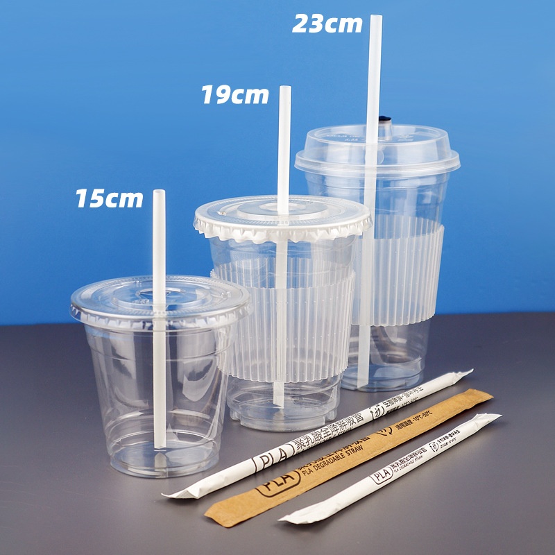 6mm Clear Compostable PLA Juice Straws with PET Cup Lid - FDA/EN certified, Leak-Proof, Custom Print Available